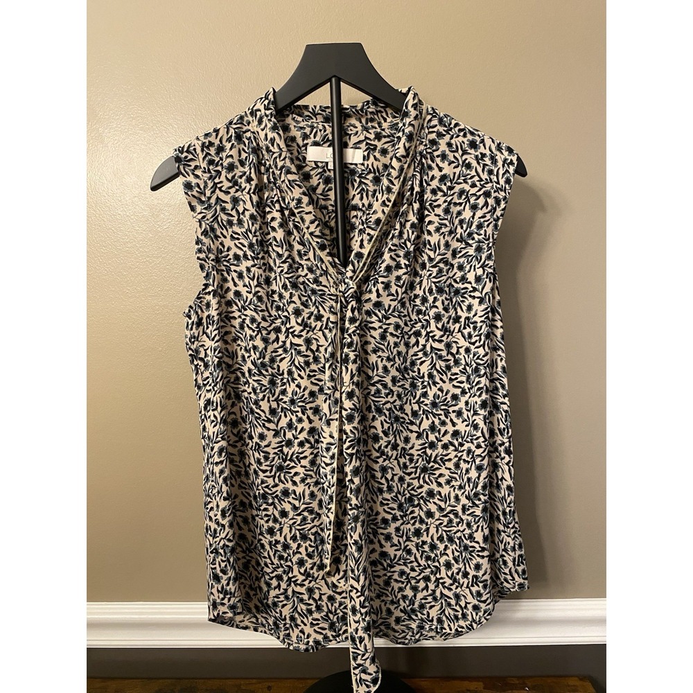 Loft Women's Navy Floral Ruffle Tie Front Sleeveless Top Blouse Size S